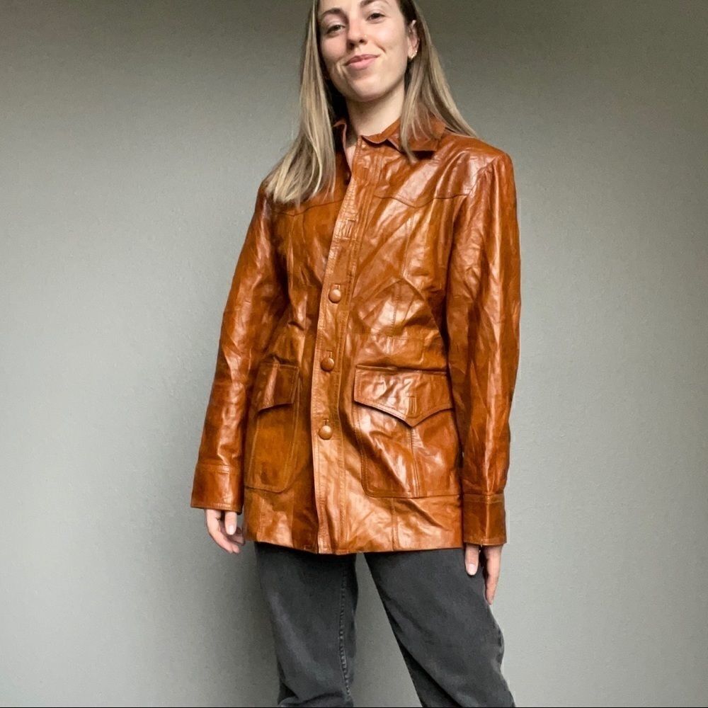 Vintage Women’s 80s Pacific Trail Western Retro Brown  Leather Jacket Size L